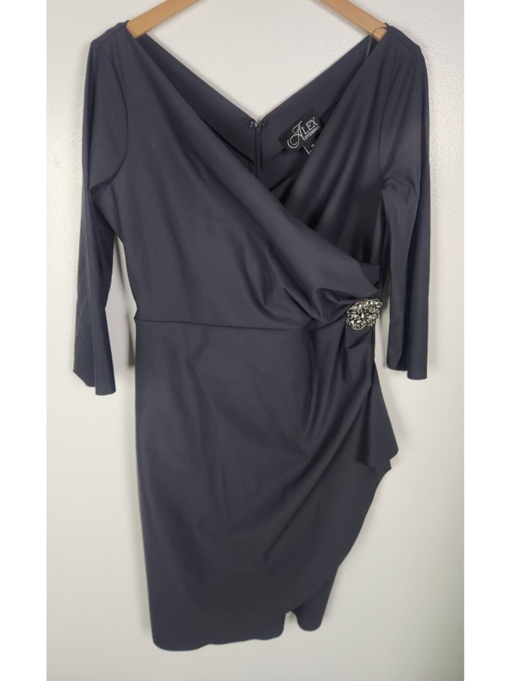 Alex Evenings Women's Sz. 14 Smokey Grey 3/4 Sleeve Ruched Sheath Dress